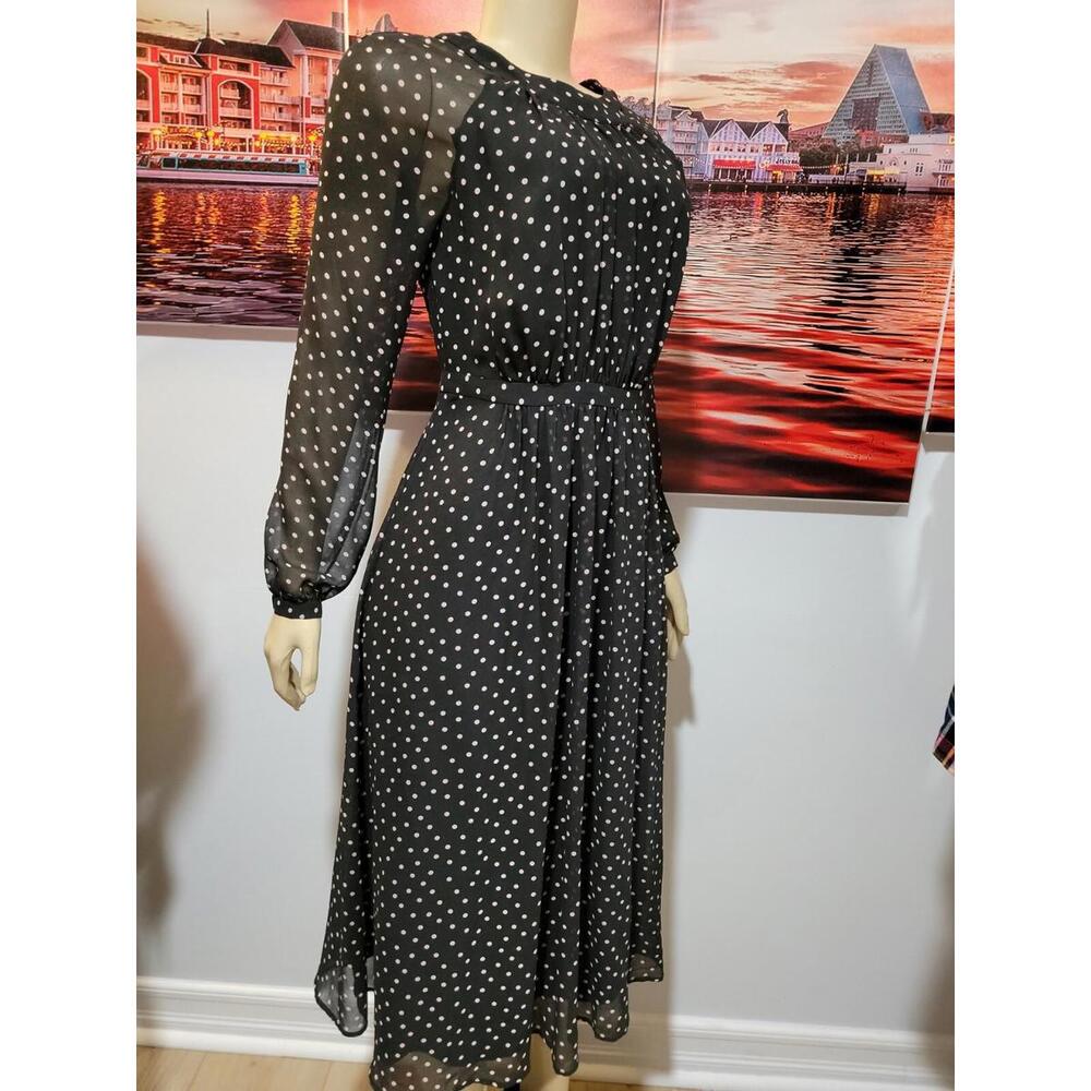 Boden Women's Black Polka Dot Crewneck Chiffon Pleated Lined Dress Size 6R #C - Picture 3 of 9